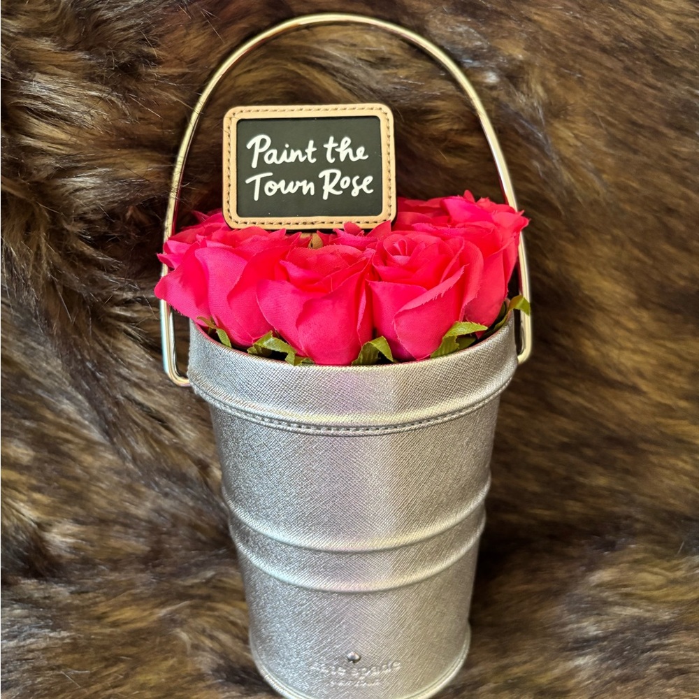 Adorable Kate Spade Silver Bucket Bag with Pink Roses